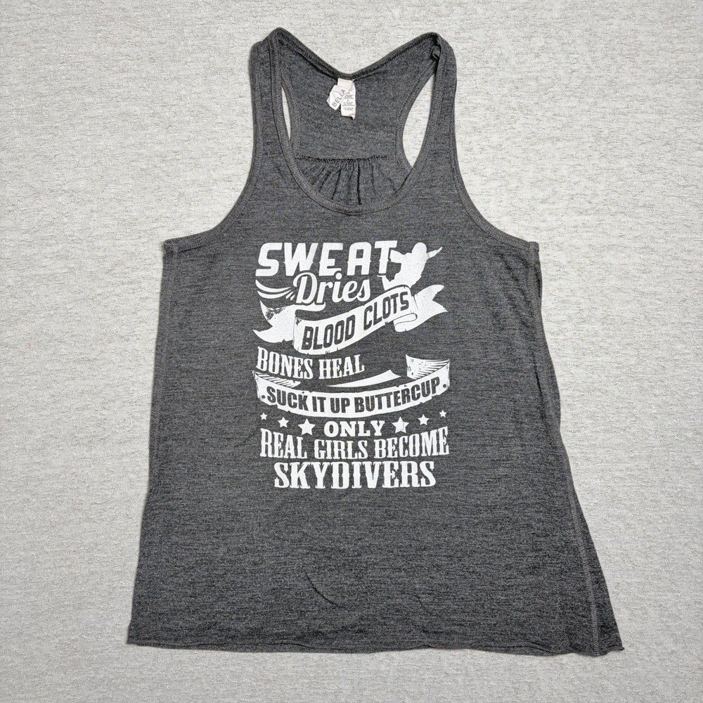 Bella Womens Tank Top Small Gray Skydiving Graphic Racerback Sweat Dries